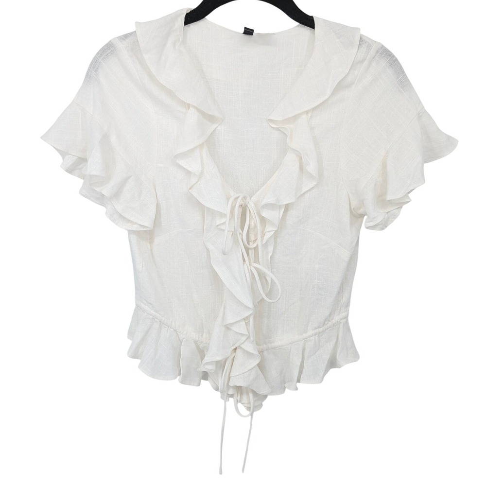 H&M Divided Blouse Womens Small White Ruffle Tie Front Linen Blend Boho Beachy